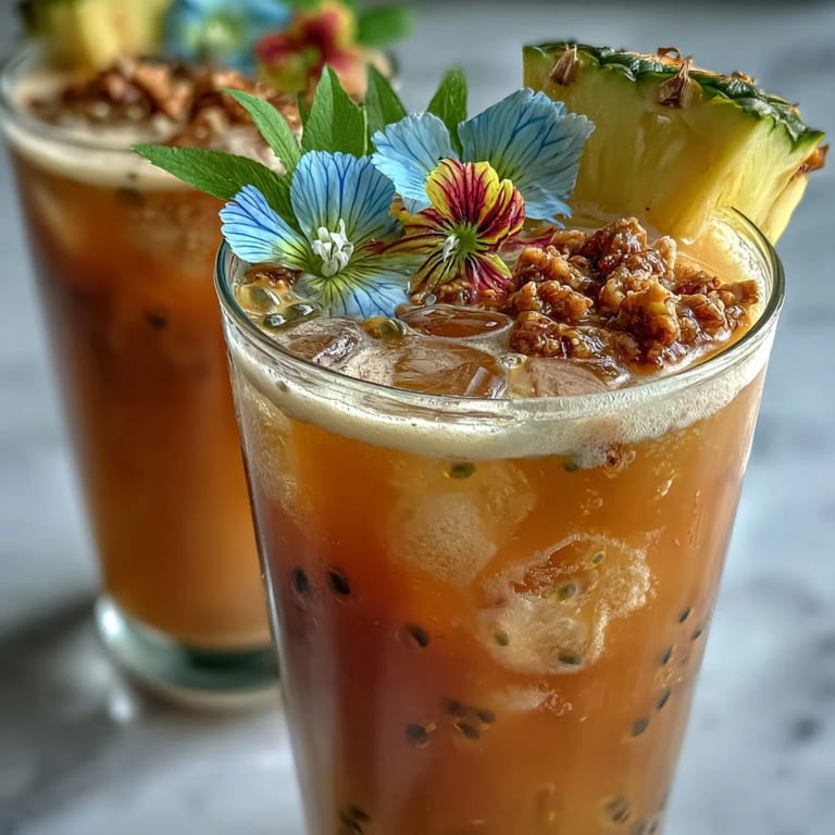 Vibrant Iced Guava Passionfruit Drink with coconut milk, guava and passionfruit, garnished with fresh pineapple.