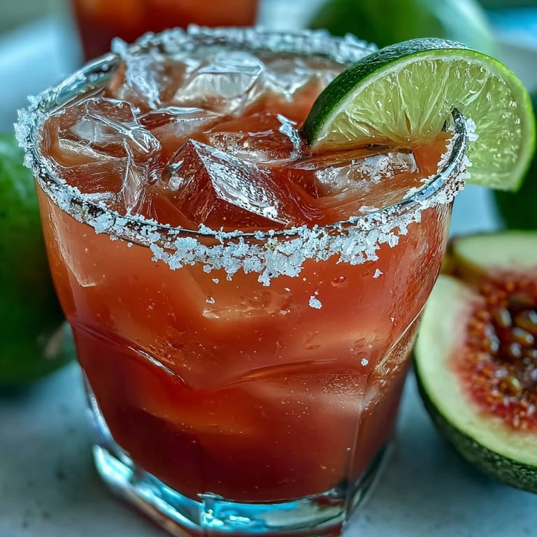 Frisch gerührter Guava Margarita mit Salzrand, in einem gekühlten Glas mit Eiswürfeln.