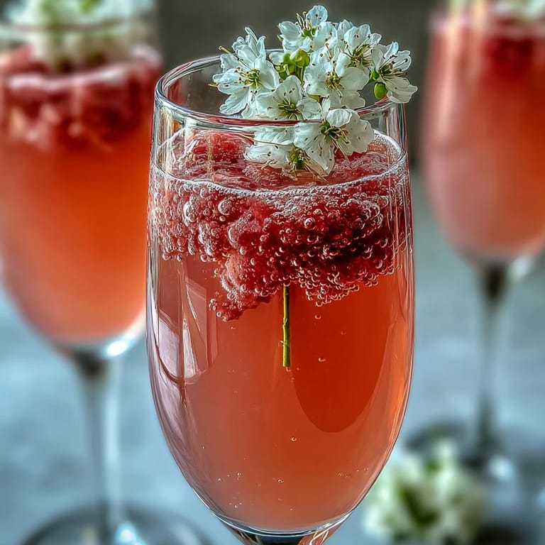 Glasses of Elderflower Guava Mimosa beside tropical fruit for a brunch setting.