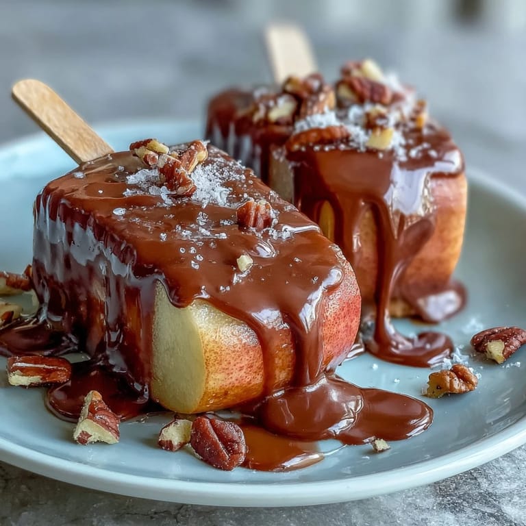 Apfelspalten mit cremigem Karamell und dunkler Schokolade überzogen.