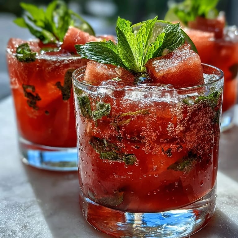 Ein farbenfroher, alkoholfreier Spritz aus Wassermelone und Minze, mit prickelndem Wasser und Zitronenaroma – ideal für erfrischende Momente.