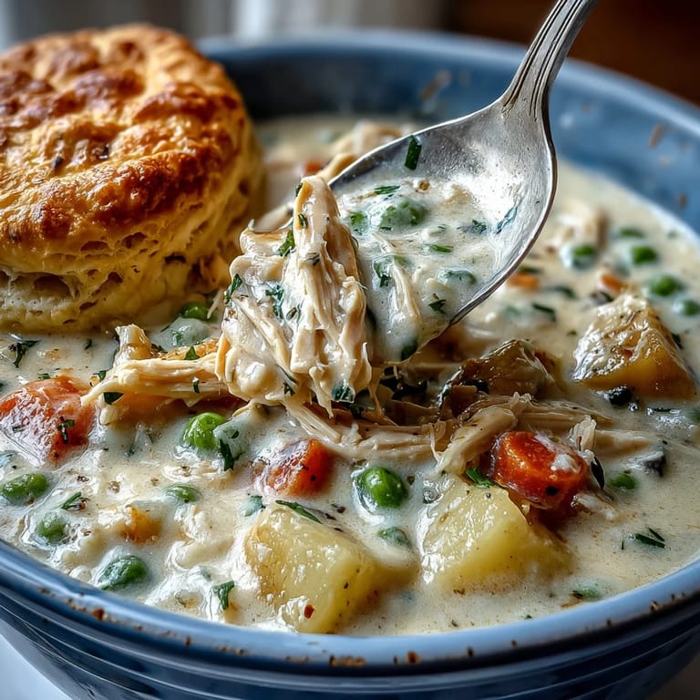 Creamy Slow Cooker Chicken Pot Pie Soup mit zarten Hühnchenstücken, frischem Gemüse und reichhaltiger Sahnesauce in einer rustikalen Schüssel.