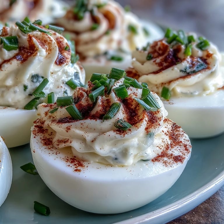 1. Klassische Deviled Eggs mit Paprika und Schnittlauch – cremige Eigelbfüllung auf Eiweißhälften, garniert mit geräuchertem Paprika und frischem Schnittlauch.