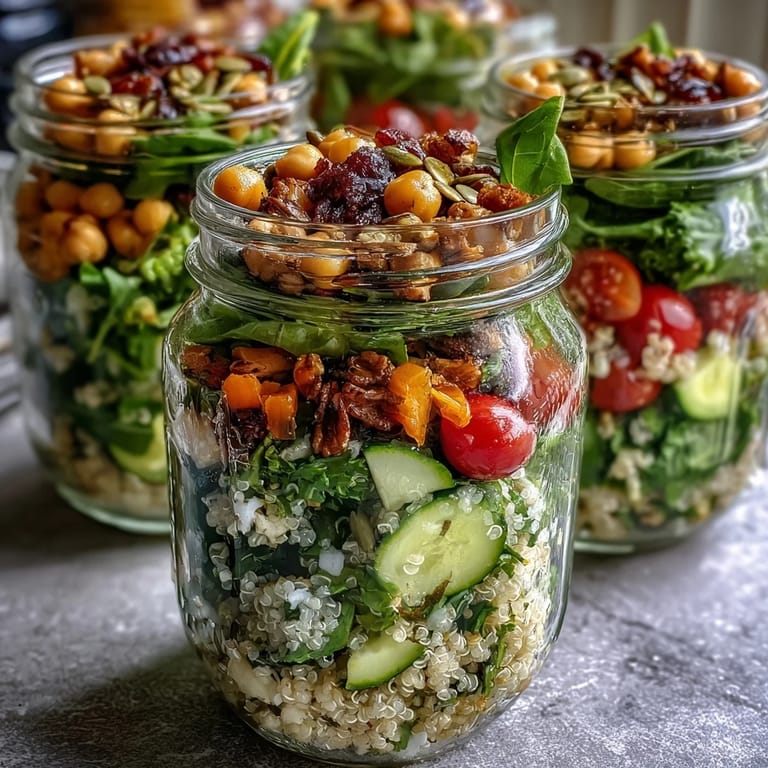 1. Mason-Gläser mit frischen Salaten für die Woche, perfekt für gesunde Mahlzeiten und Meal Prep.  