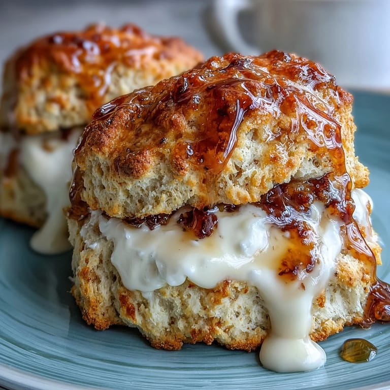 Goldbraune Scones, leicht mit Löwenzahnhonig gesüßt, frisch gebacken und mit einer Portion Clotted Cream serviert.