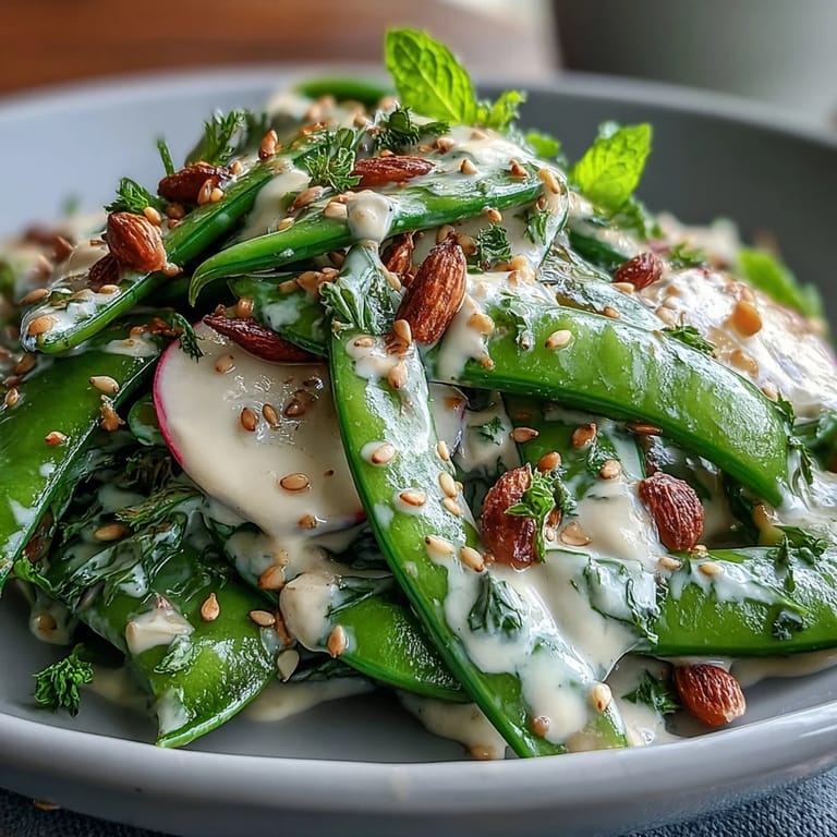 Bunter Salat mit frischen Zuckererbsen, dünn geschnittenen Radieschen und Kräutern.