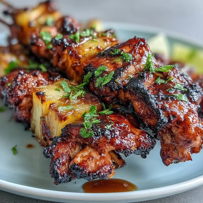 Gegrillte Hähnchen-Al-Pastor-Spieße mit goldgelber Ananas und karamellisierten Zwiebeln für ein aromatisches Festmahl.