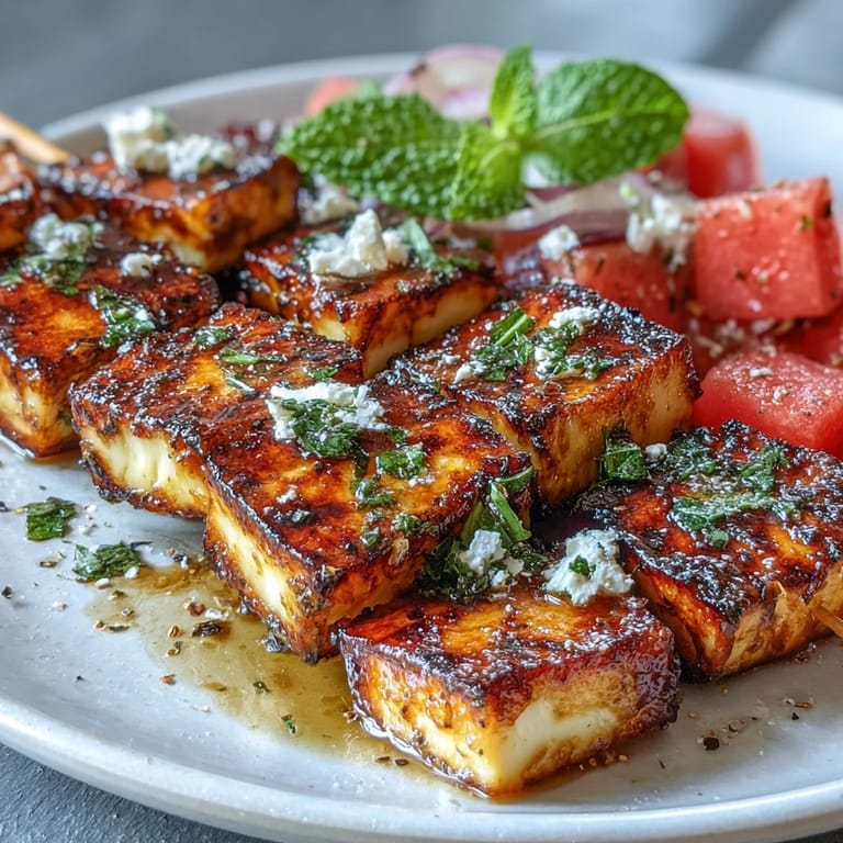 Grillduft erfüllt die Luft, während bunte Spieße mit Halloumi, Wassermelone und Minze vor sich hin brutzeln und appetitlich karamellisieren.