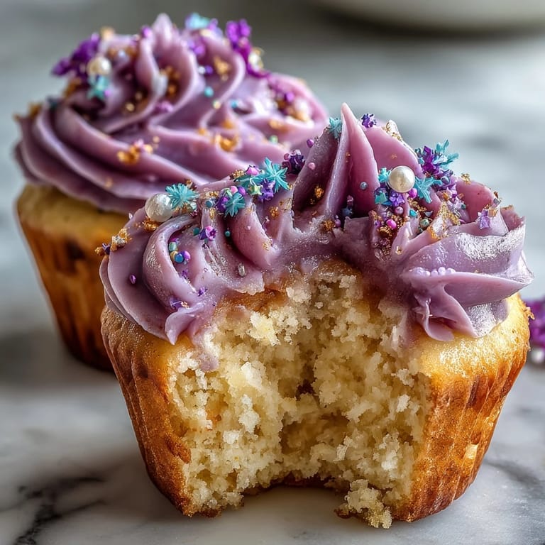 Zwei schillernde, doppelseitige Buttercreme-Wirbel auf fluffigen Vanilla-Cupcakes, bereit zum Servieren.