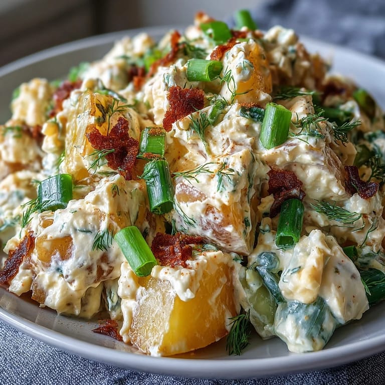 Deftiger Juneteenth Kartoffelsalat, cremig mit Senf und knackigen Gurken.