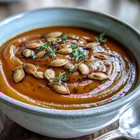 Goldene Röstnoten verleihen diesem pürierten Kürbissuppe eine besonders intensive Geschmacksnote.