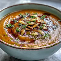 Frisch pürierte Butternut Squash Soup in einer Schüssel mit Kürbiskernen und Thymian garniert.