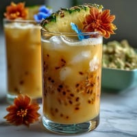 Iced Guava Passionfruit Drink topped with pineapple wedges and edible flowers in a tall glass.