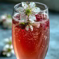 Blushing pink Elderflower Guava Mimosa in champagne flutes, garnished with edible flowers.