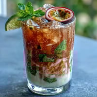 Glas mit DIY Iced Guava Passionfruit Drink gefüllt mit Eiswürfeln, Minzblättern und Limettenspalten für erfrischenden Genuss.