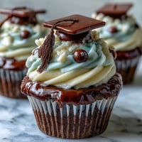 Festliche Cupcakes mit Abschluss-Mützen-Toppern, perfekt für den Abschlussball.