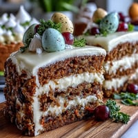 Festliche Ostertafel mit Karottenkuchen, Pavlova und Zitronentarte: Eine elegante Dessertauswahl für die Frühlingsfeiertage.