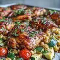 Ein bunter Sommersalat mit saftigem Hähnchen, süßem Mais und zarter Zucchini auf einem Blech geröstet.