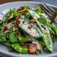 Knackiger Frühlingssalat mit Zuckererbsen, Radieschen und cremigem Tahinidressing.
