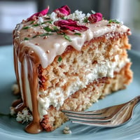 Rosé-Velvet-Kuchen mit goldener Glasur – zartrosa, mit Rosé-Wein verfeinert und mit eleganter Goldtropfenglasur dekoriert.