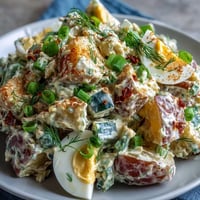 Cremiger Juneteenth Soul Food Kartoffelsalat mit Gewürzgurken servierfertig.